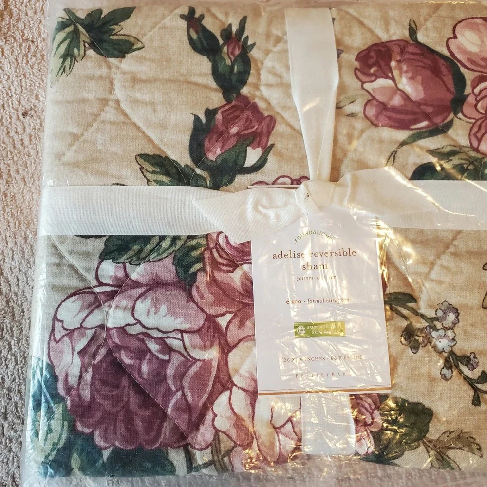 Pottery Barn Adelise Reversible Euro Sham Set of 2‎ Floral Rose Cotton Linen NEW